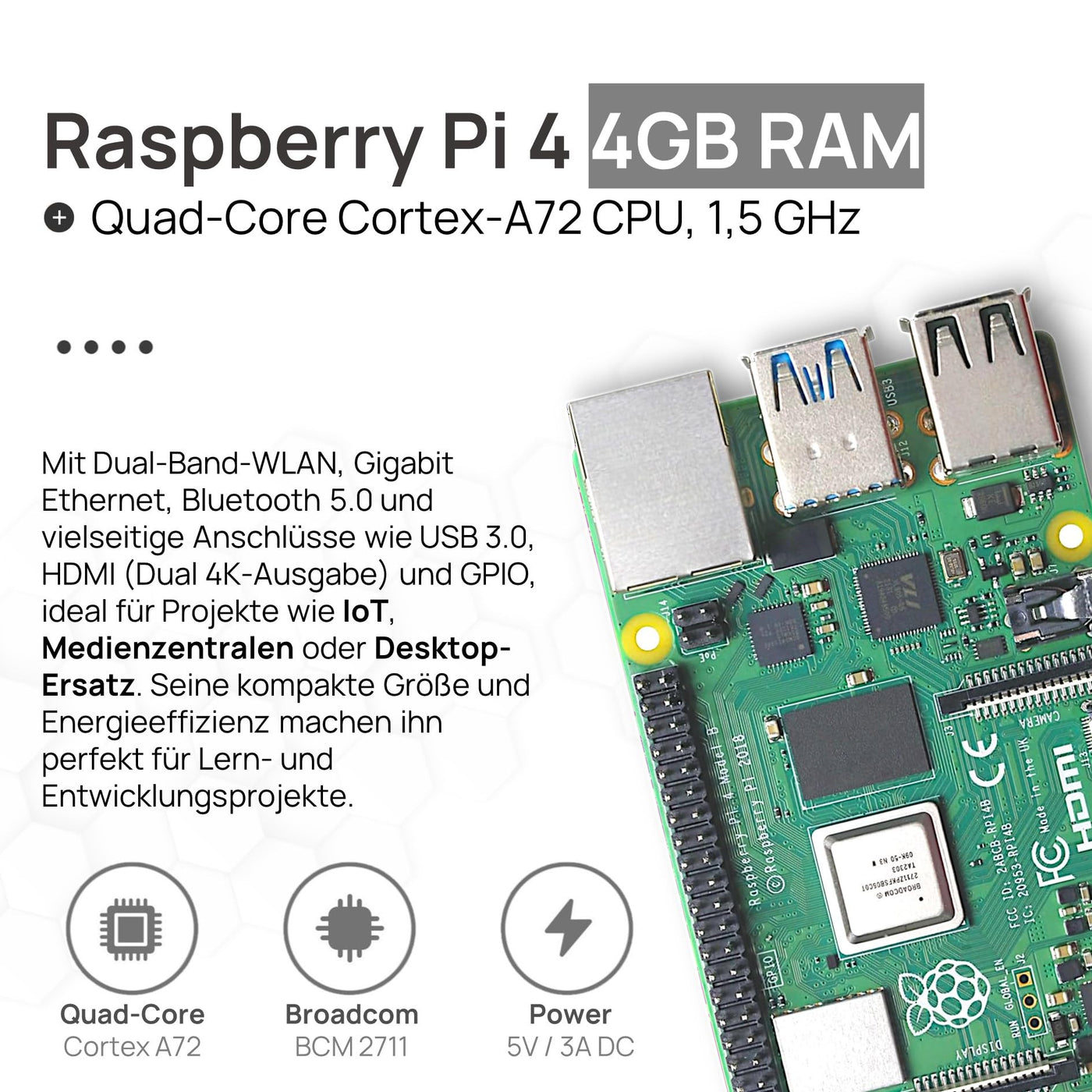 Raspberry Pi 4 4GB Starter-Kit | USB-C Netzteil 15W | Gehäuse | 64GB SD Karte | 4k Micro HDMI Kabel | Kühlkörper Set