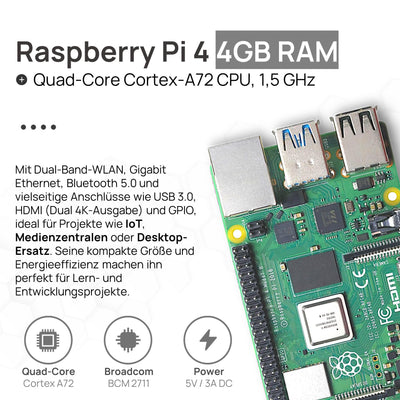 Raspberry Pi 4 4GB Starter-Kit | USB-C Netzteil 15W | Gehäuse | 64GB SD Karte | 4k Micro HDMI Kabel | Kühlkörper Set
