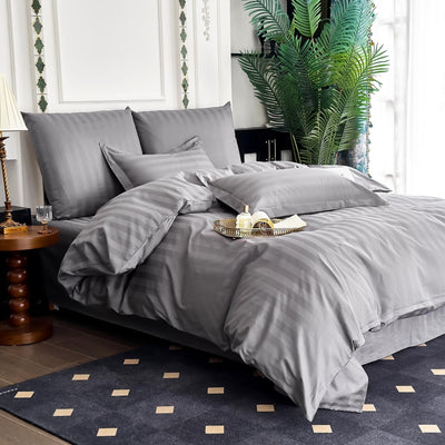 Amolavet Hotel Bettwäsche 135x200 Baumwolle Grau 2teilig Set Bettwäsche 135x200 Mako Satin Baumwolle Damast Streifen Grau mit Reißverschluss für Ganzjährig