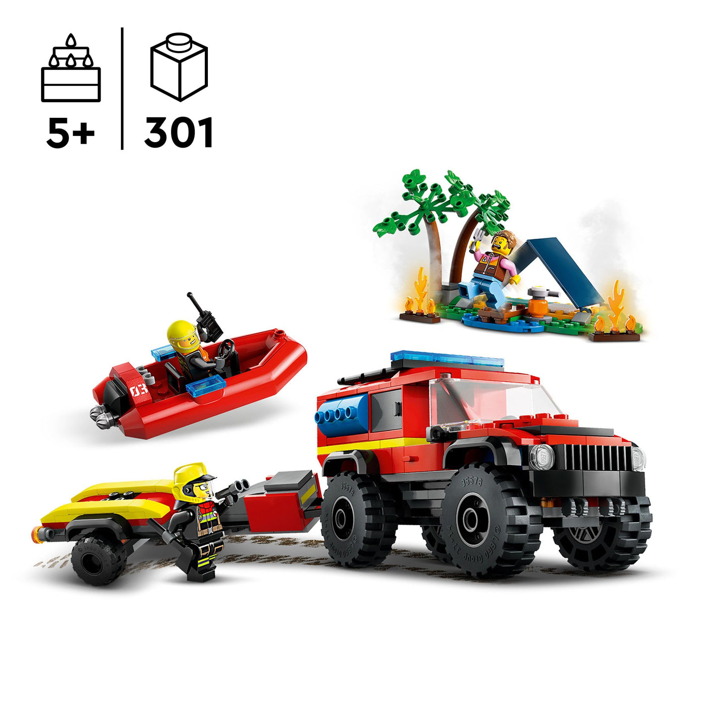 LEGO 60412 City Feuerwehrgeländewagen mit Rettungsboot, Offroad-Auto-Spielzeug für Kinder ab 5 Jahren, Rettungswagen mit Schlauchboot, Anhänger, Zelt und 3 Minifiguren, Geschenk für Jungs und Mädchen