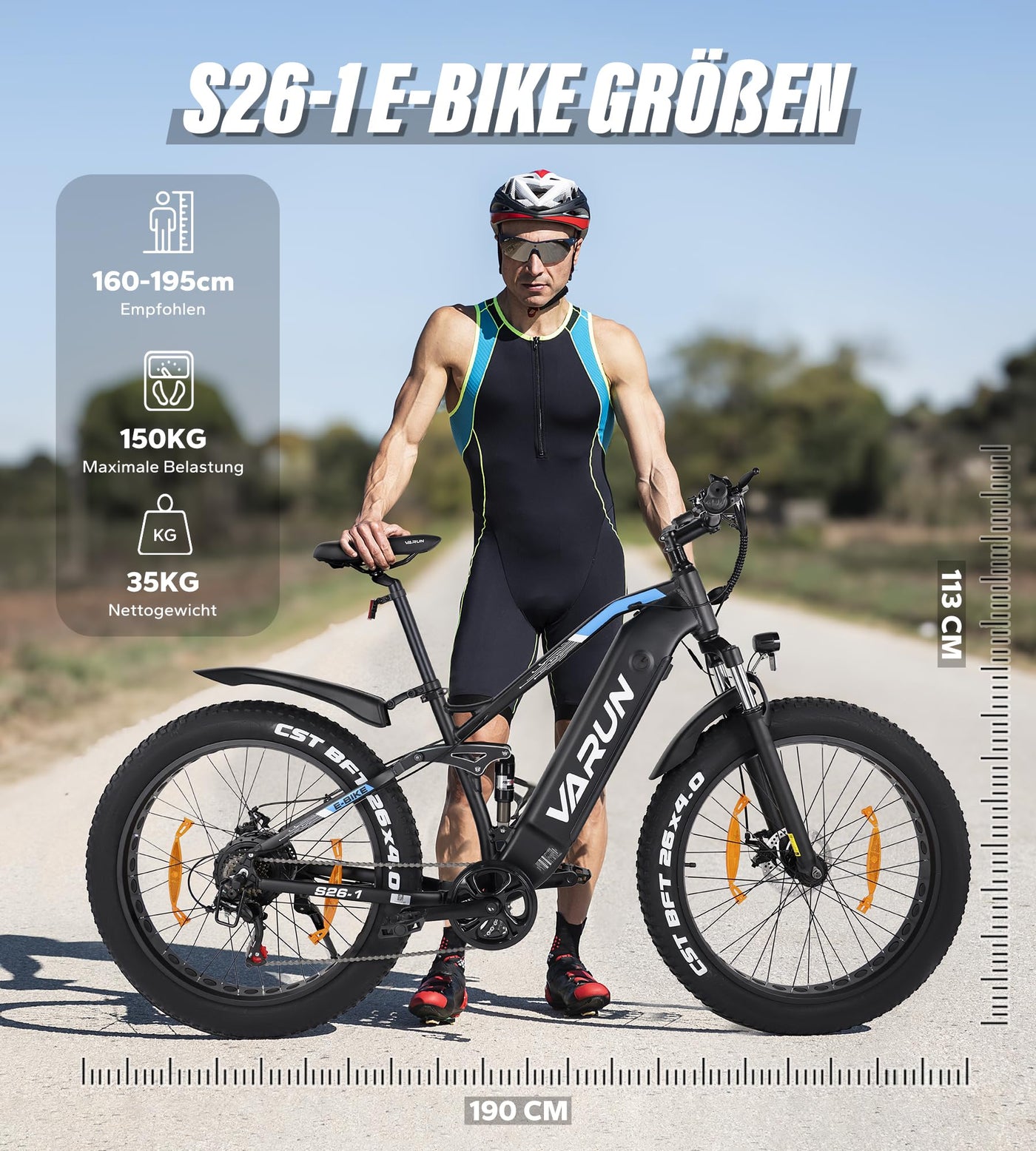 VARUN E-Fatbike, 26''*4.0 Elektrofahrrad für Damen und Herren, 48V/16Ah Abnehmbare Batterie, E Bike mit LCD, 250W Motor, rutschfeste Dicke Reifen,3 Fahrmodi,für Berg und Schnee