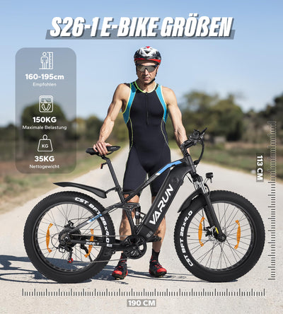 VARUN E-Fatbike, 26''*4.0 Elektrofahrrad für Damen und Herren, 48V/16Ah Abnehmbare Batterie, E Bike mit LCD, 250W Motor, rutschfeste Dicke Reifen,3 Fahrmodi,für Berg und Schnee