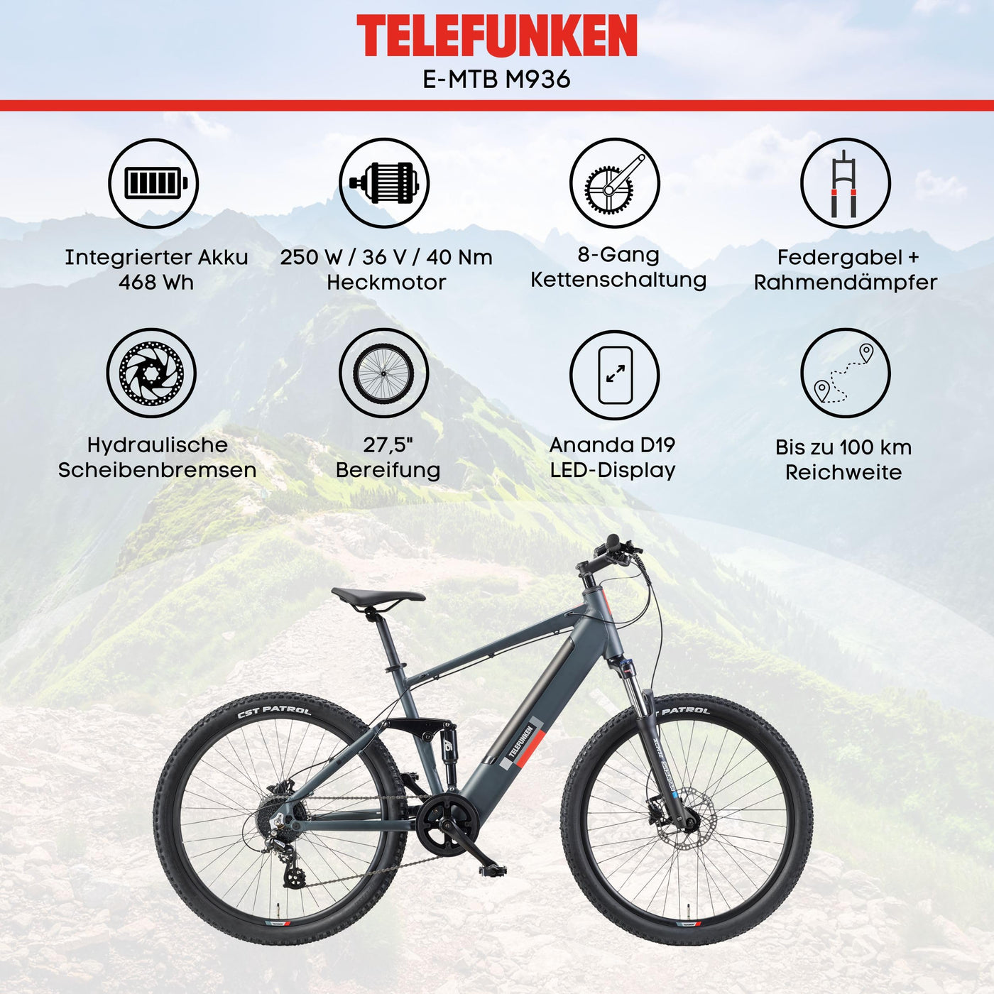 TELEFUNKEN E-Bike Mountainbike Elektrofahrrad Alu, 8 Gang Kettenschaltung - Pedelec MTB 27,5 Zoll, Hinterradmotor, 250W, Hydr. Scheibenbremsen, Grau, Aufsteiger M936