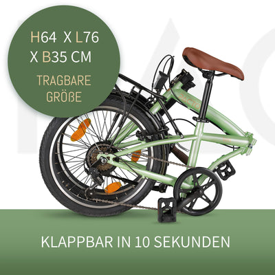 PACTO Ten Klapprad 20 Zoll mit Schnelles Faltsystem (10 Sek), Stahlrahmen, Leichtgewicht (16KG), 6 Gänge, V-Bremsen und doppelwandige Aluminiumfelgen (Mint)