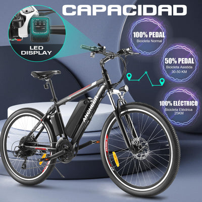 ANCHEER 26 Zoll E-Bike/Mountainbike Herren, Elektrofahrrad/Pedelec mit 36V 10.4Ah Akku | Bis 100KM Reichweite & 21 Gang und 250W Hinterradmotor für 25 km/h