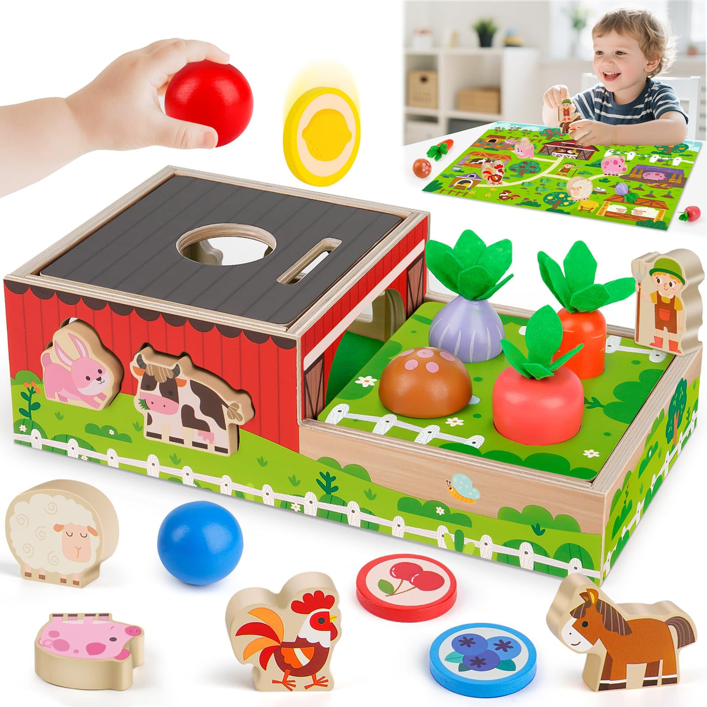 Montessori Spielzeug ab 1 2 Jahr: Geschenk Junge Mädchen 1-2 Jahre Kinderspielzeug Motorikwürfel Holzspielzeug Farmspiel mit Karte Karotten Steckspiel Lernspiel Kleinkinder ab 12 Monate Activity Spiel