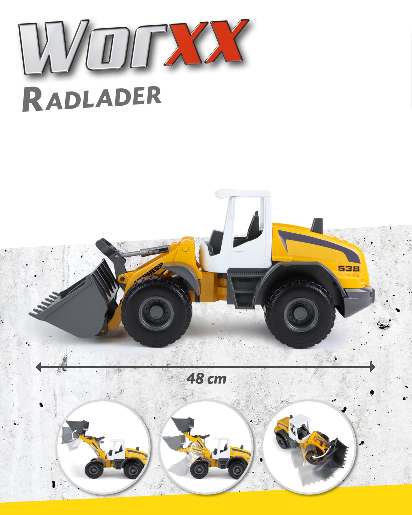 Lena Worxx Radlader Liebherr L538 Litronic 48 cm, realistisches Baustellenfahrzeug, Robustes Spielzeug mit funktionstüchtiger Schaufel und Griff, für Kinder ab 3 Jahren, Gelb