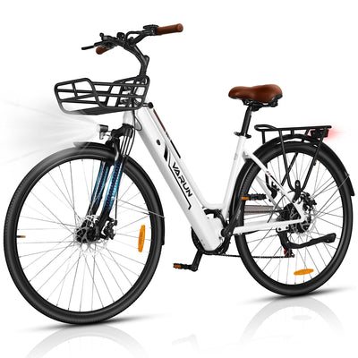 VARUN E-Bike Damen 28 Zoll City Bike Tiefeinsteiger | 36V 360Wh Akku | Drehmomentsensor | 3 Modi, 6-Gang, LCD | CE, mit Korb & Gepäckträger | 90% vormontiert