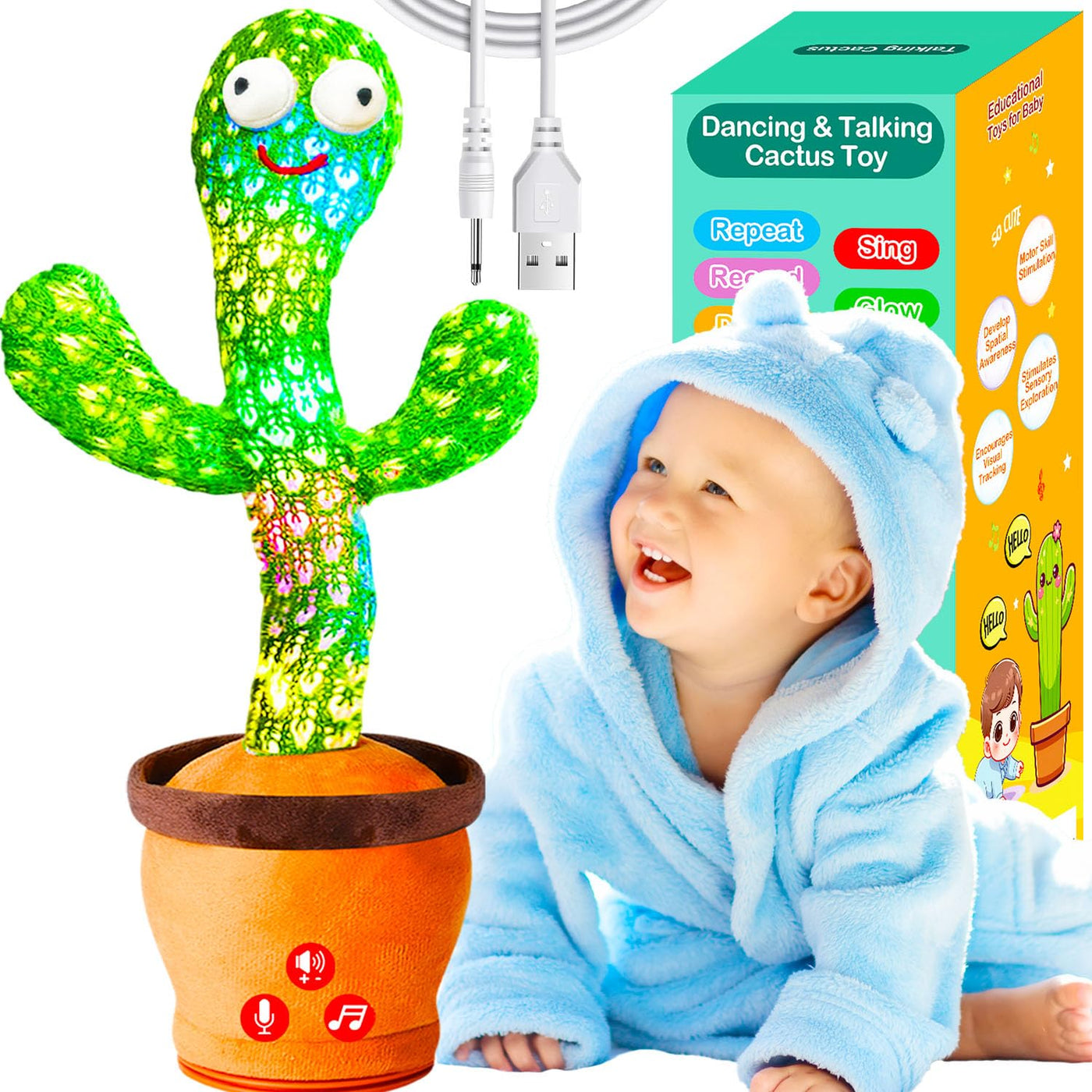 Vitosup Tanzender Sprechender Kaktus Baby Spielzeug, Lautstärke einstellbar, Nachahmend Singend Wiederholend, Interaktives Plüsch-Babyspielzeug/Geschenk für Jungen Mädchen