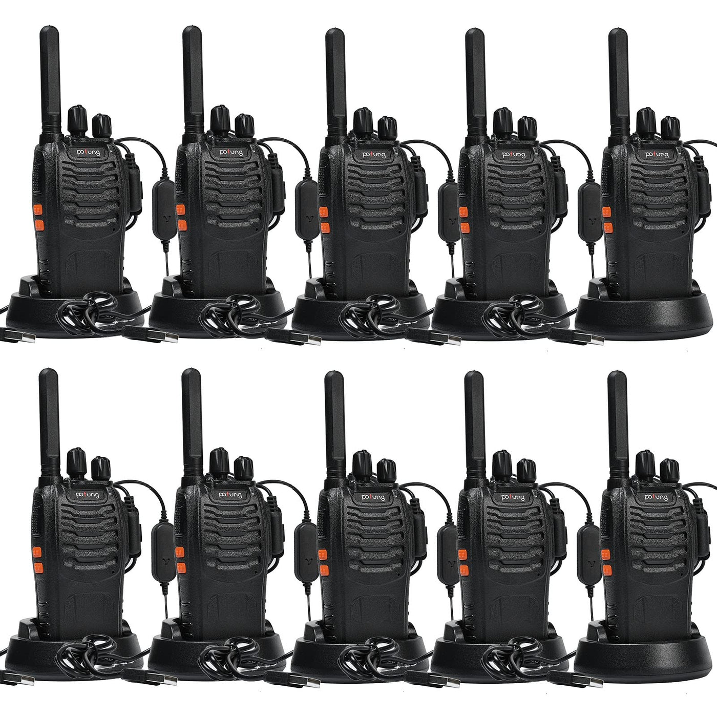 Walkie Talkie PMR446 lizenzfreies Zwei-Wege-Funkgerät, pofung PT88E 16 Kanäle Professionelle wiederaufladbare Walkie Talkies mit großer Reichweite mit USB-Ladestation und Hörmuscheln Schwarz 10 Stück
