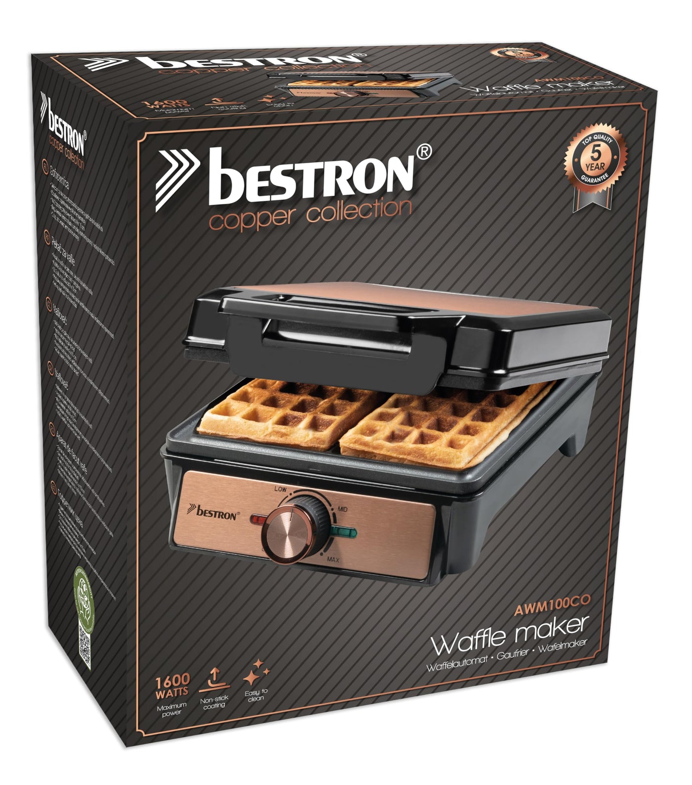 Bestron Waffeleisen für belgische Waffeln, Brüsseler Waffeleisen für zwei dicke Waffeln, mit Antihaftbeschichtung & Cool Touch Handgriff, Copper Collection, Farbe: Kupfer