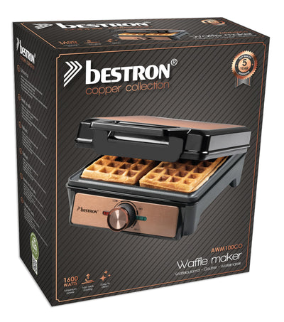 Bestron Waffeleisen für belgische Waffeln, Brüsseler Waffeleisen für zwei dicke Waffeln, mit Antihaftbeschichtung & Cool Touch Handgriff, Copper Collection, Farbe: Kupfer