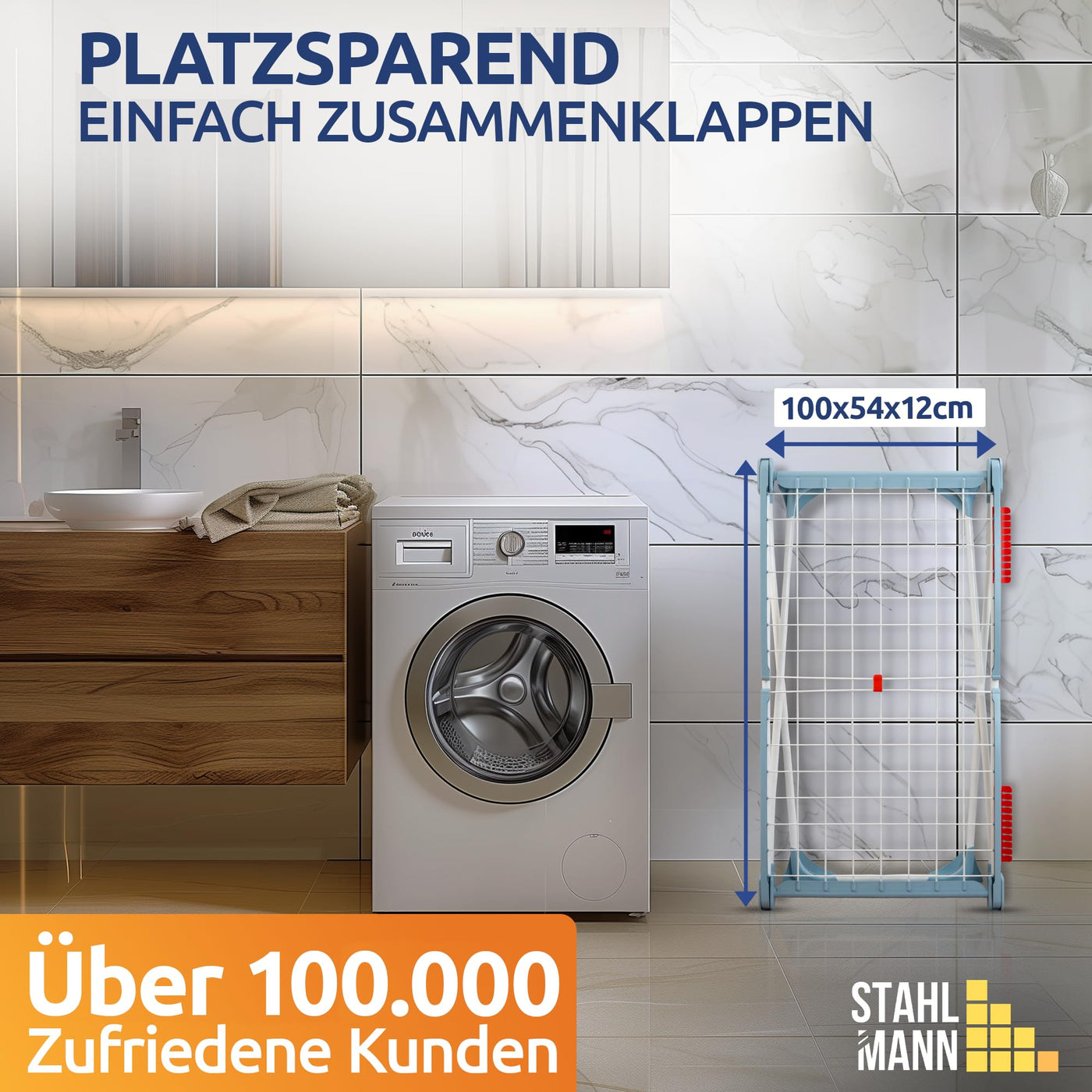 STAHLMANN ® Wäscheständer [18M Trockenfläche ] - Flügelwäscheständer [Made IN EU] 1,05 M Flügel ideal für Lange Kleidungsstücke - Wäscheständer platzsparend