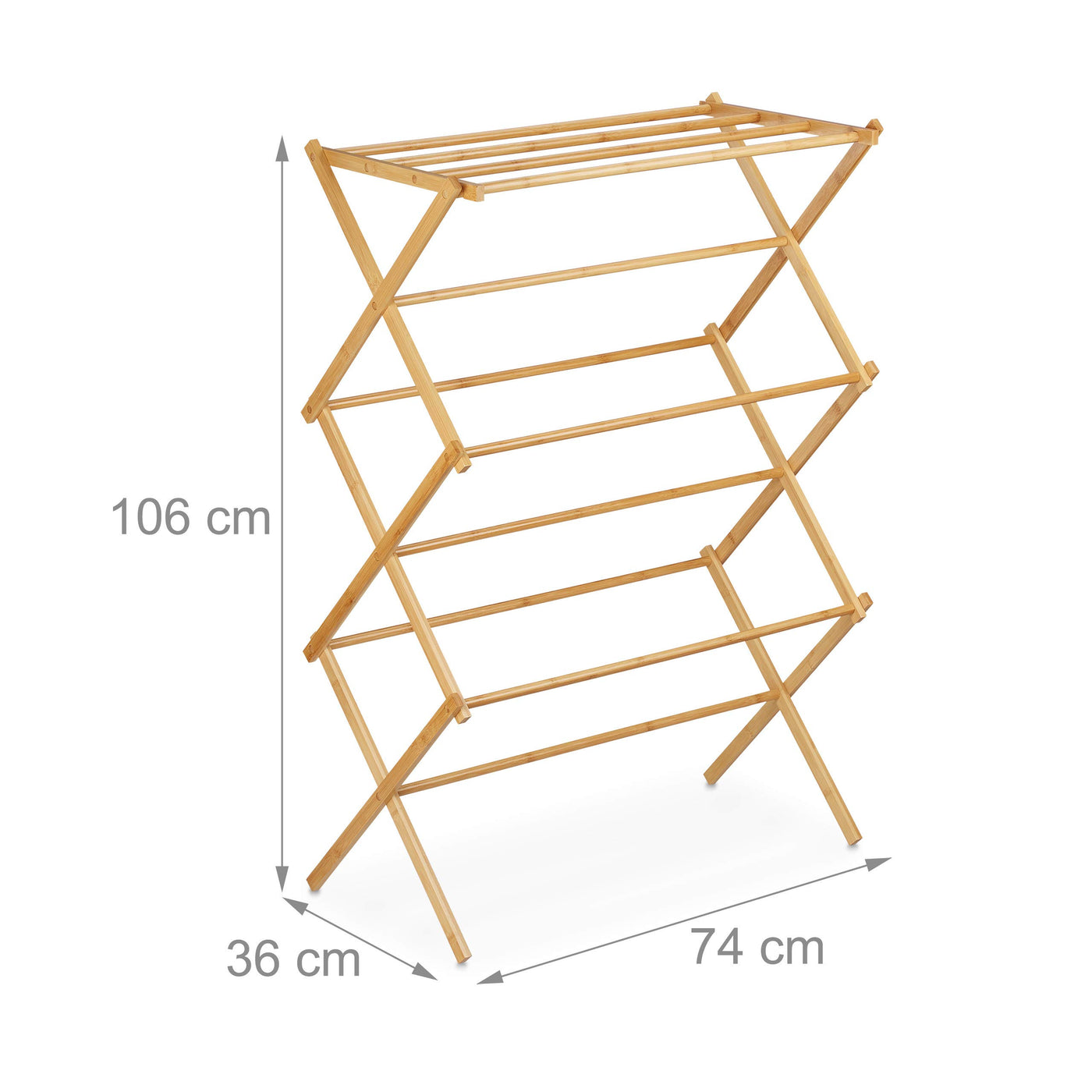 Relaxdays Handtuchhalter, aus Bambus, Faltbarer Standtrockner, mit 11 Stangen auf 6 Etagen, HBT: 106 x74 x 36 cm, Natur