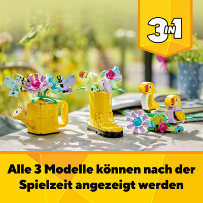 LEGO Creator 3in1 Gießkanne mit Blumen Set, Kinderzimmer-Deko, Baue eine Gießkanne mit Blumenstrauß, Gummistiefel oder 2 Spielzeug-Vögel, kreatives Geschenk für Mädchen und Jungen ab 8 Jahren 31149