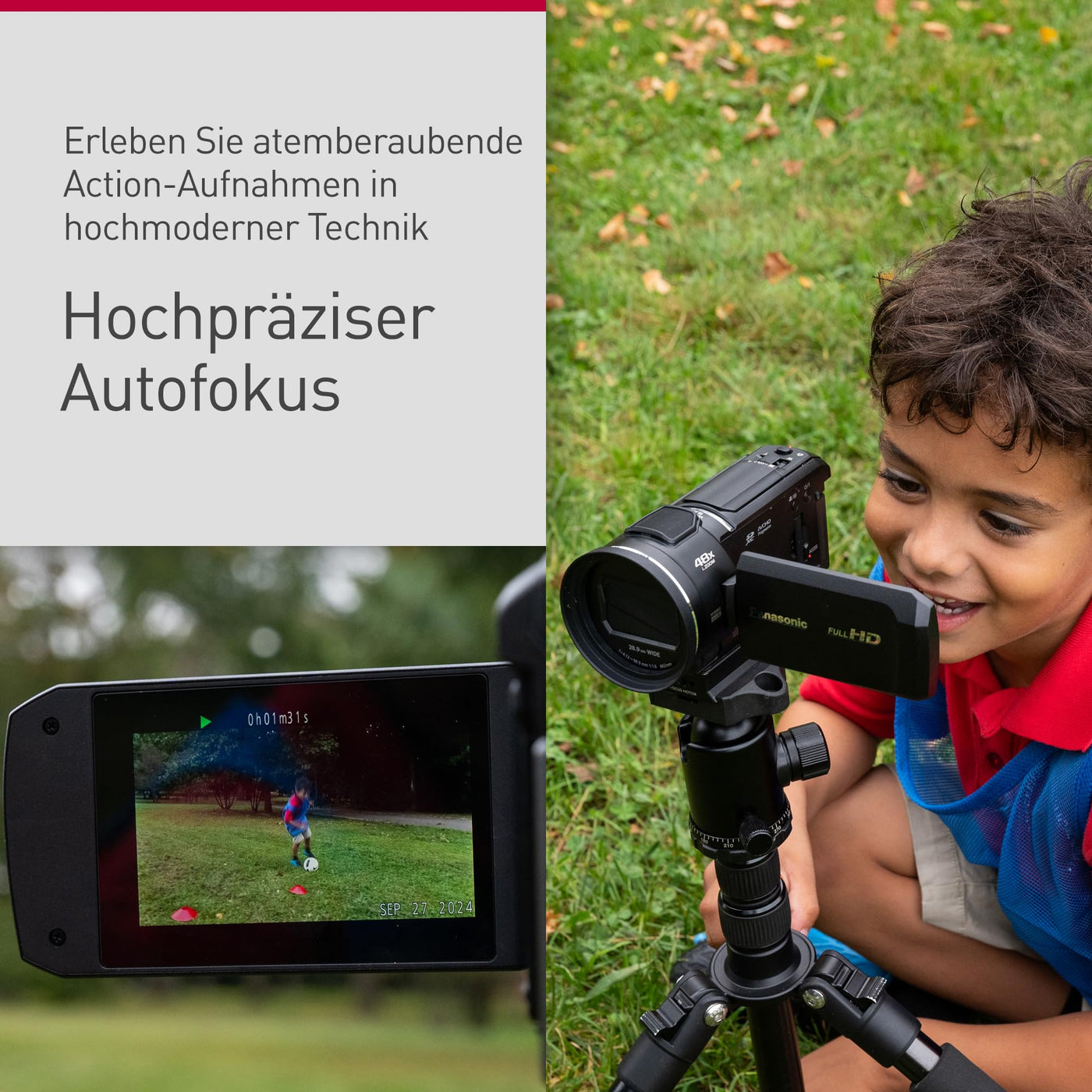 Panasonic HC-V900E-K Full-HD-Camcorder, FHD-Video, 25-mm-F1.8-Weitwinkelobjektiv, 24-facher optischer Zoom, Hybrid OIS+, HDR, Zoom-Mikrofon, Touchscreen, Schwarz