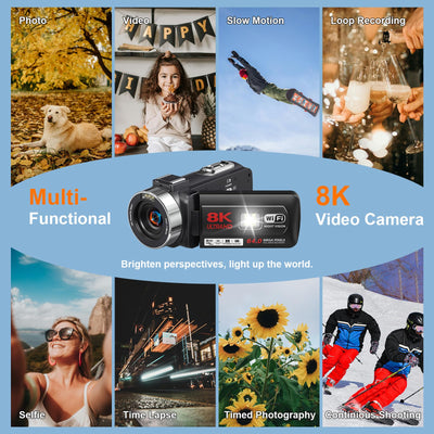 Videokamera 8K Camcorder 64MP WiFi Vlogging Kamera mit IR Nachtsicht für YouTube, 3-Zoll-Touchscreen, 18X Digitalzoom Webcam Camera mit Mikrofon,Stabilisator,Fernbedienung, 64GB SD Karte und 2 Akkus