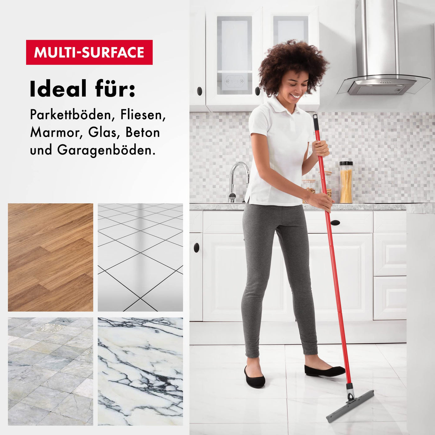 Tyroler Wasserschieber Bodenabzieher 45cm Silikon-Lippe mit Abzieher Boden | Wasserschieber mit Stiel 4-teiligem Griff 140cm | Wasserabzieher Boden geeignet für alle Oberflächen, Abzieher Dusche Boden