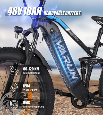 VARUN E Bike Elektrofahrrad mit 26 * 4.0 Zoll Fat Tire, 48V 16Ah(768Wh), Bis zu 120KM, E-Bike Herren mit 250W 80NM Motor, Elektrofahrräder Ebike mit 5 Modi, 7-Gang, LCD-Display, MTB mit EU-Konformes