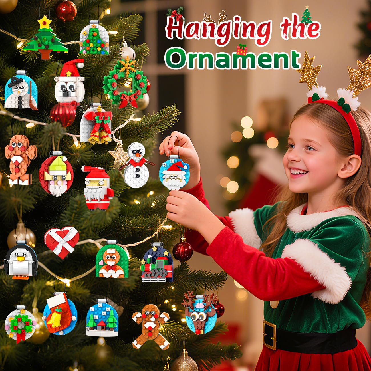 HiWEEGO 2025 Weihnachten Bauset, 2 in 1 Teile Hängende Magnetisch Weihnachtsbaum Ornamente Lebkuchenmännchen Kranz Weihnachtsmann Schneemann, Weihnachts Klemmbausteine für Erwachsene Kinder Jahren 6+