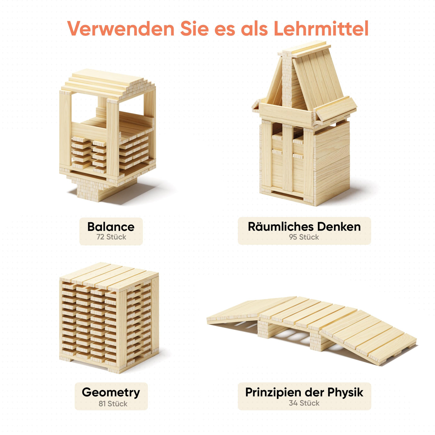 ROXPLE Holzbausteine Natur 200 Stück, Montessori Spielzeug für Kinder ab 3 Jahren, Klötzchen zum Basteln, ideales Konstruktionsspielzeug mit Bausteine Holz, Holzklötze im Baumwollbeutel