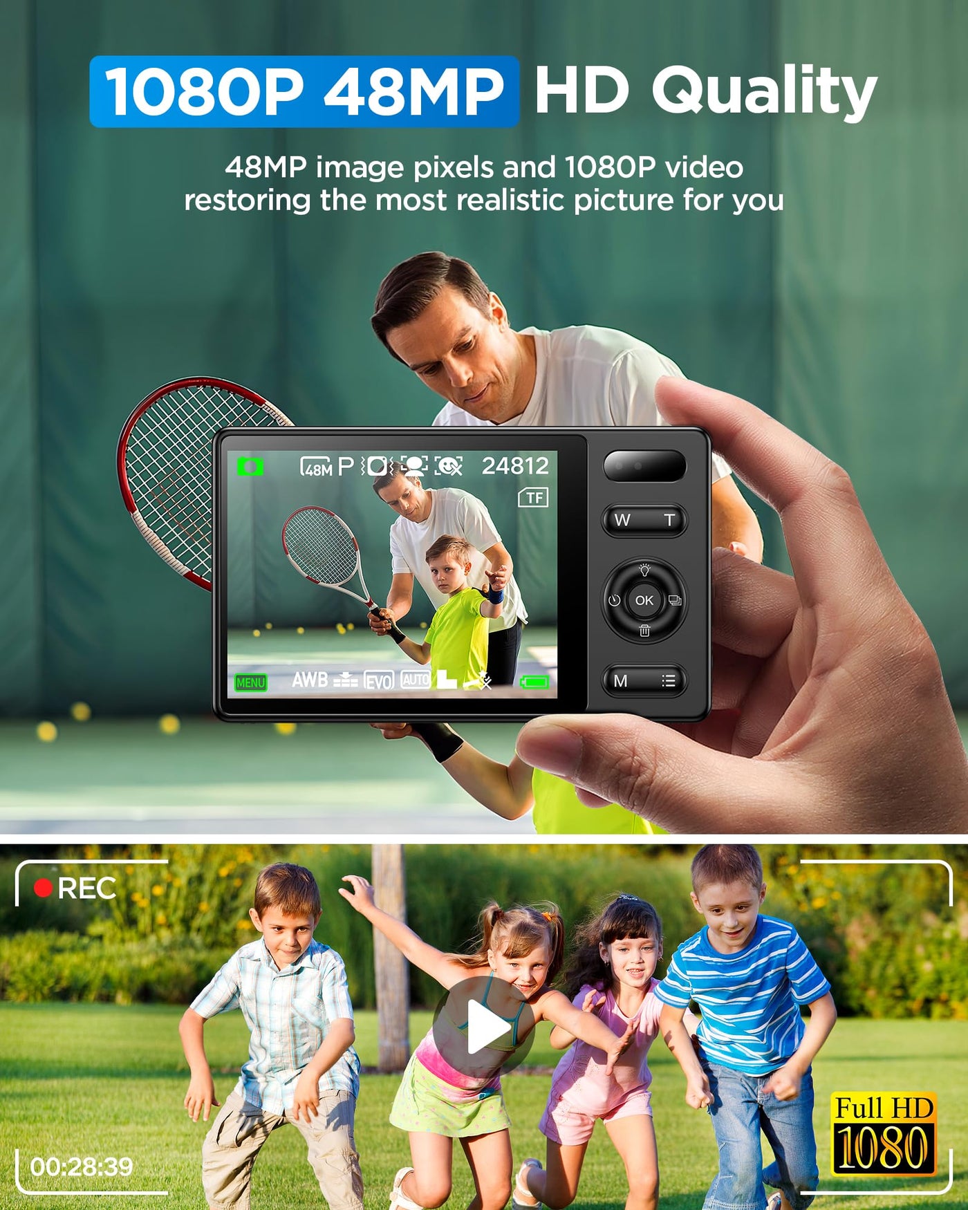 64GB Digitalkamera Kinder Fotokamera: 48MP Anti-Shake Kinderkamera Foto, Vlogging Fotoapparat für YouTube 16X Digital Zoom Appareil Foto Serienaufnahme Selfie Kompaktkamera für Fotografie