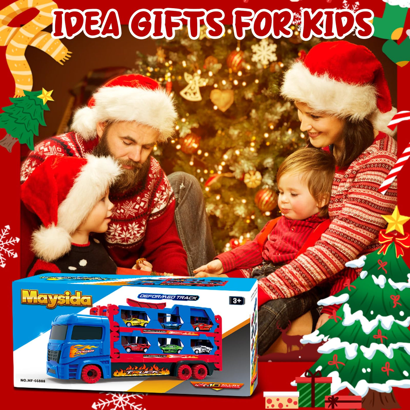 maysida Transport Truck Spielzeugautos für Jungen 3, 4, 5, 6 Jahren, 165cm&Faltbare Rennbahn Truck mit 10 Autos Spielzeug-4 Rückziehautos&6 Rennautos, Transporter Spielzeug-Kinder Geschenke für jungen