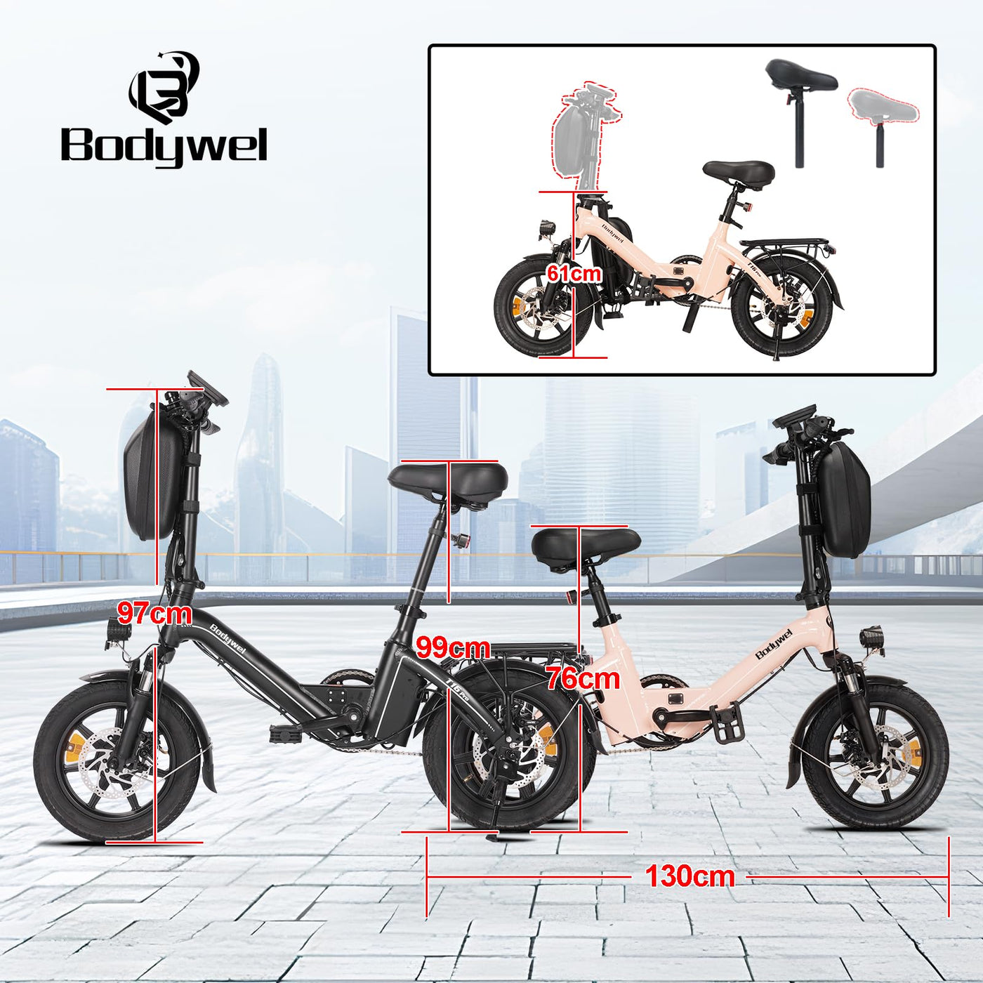 Bodywel T16PRO Mini E Bike 14 Zoll faltbar Elektrofahrrad 250W 36V/7.8Ah Akku mit APP Funk für Herren Damen,Reichweite Max 45 km (Schwarz+Rückpacktrager)