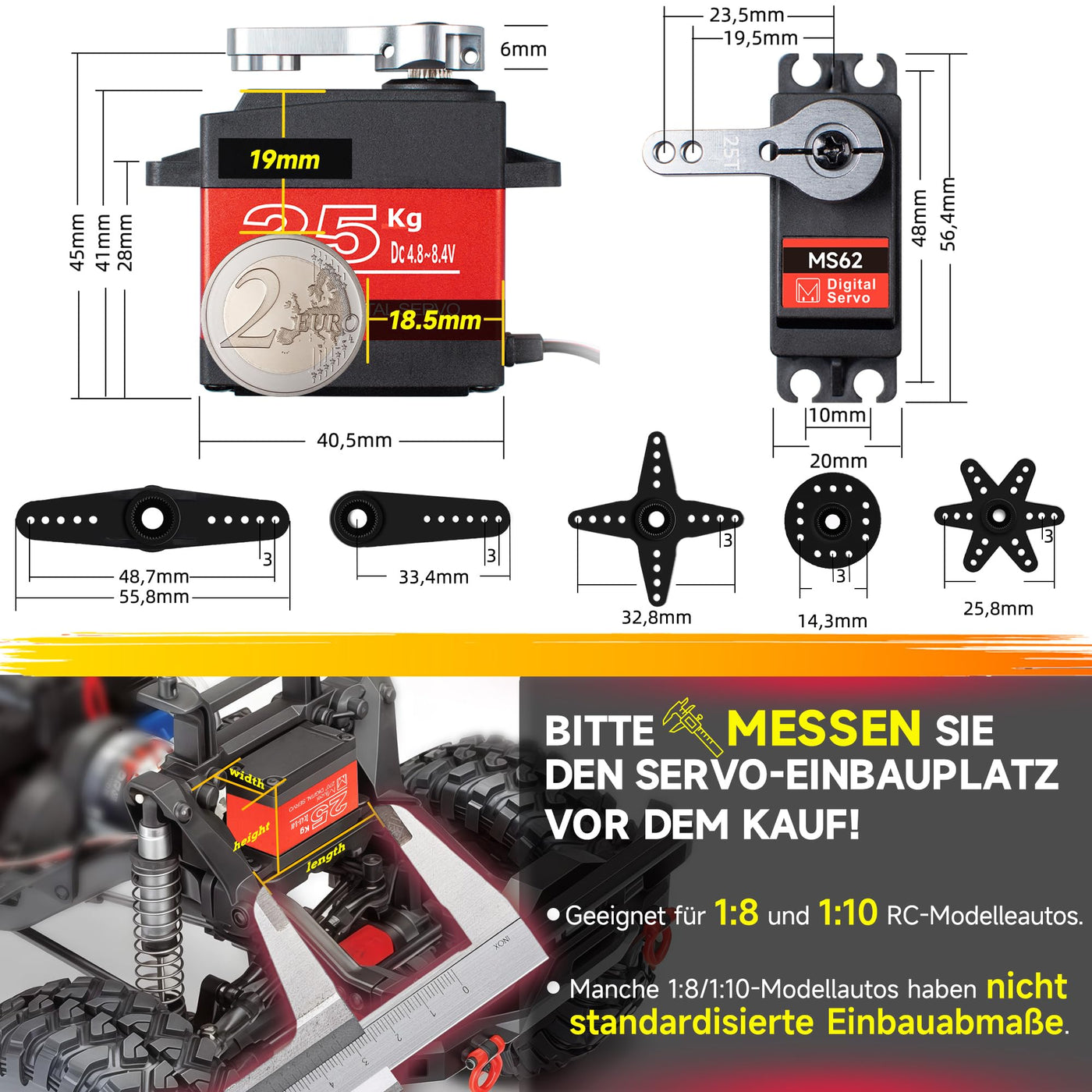 Miuzei Digital Servo 25kg Lenkservo Wasserdicht High Torque Metallgetrieb 270 Grad Servo+motor für mini Rc Auto 1/8 1/10 1/12 Robot Plane Boot mit 25T Horn Servokabel Schrauben 2 Stück