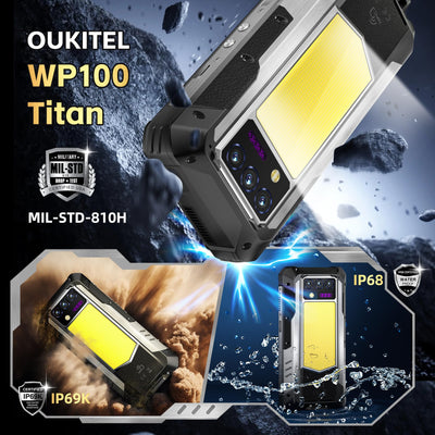 OUKITEL WP100 Titan 33000mAh Outdoor Handy 5G mit Eingebauter 100 Lumen Projektor, 48GB+512GB 6,8" FHD+ Outdoor Smartphone Ohne Vertrag mit 1200 Lumen Campinglicht, 200MP+32MP+20MP, NFC/GPS/IP68/BT5.4