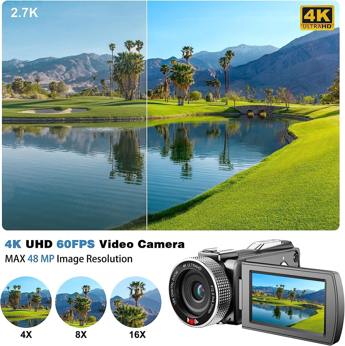 4K Videokamera 48MP 60FPS Camcorder für YouTube, FHD1080P Video Vlogging Kamera Recorder /18X Digital Zoom /3.0'' 270°Rotation IPS Bildschirm Kamera Camcorder, mit Fernbedienung 2 Batterien/SD Karte
