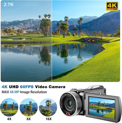 4K Videokamera 48MP 60FPS Camcorder für YouTube, FHD1080P Video Vlogging Kamera Recorder /18X Digital Zoom /3.0'' 270°Rotation IPS Bildschirm Kamera Camcorder, mit Fernbedienung 2 Batterien/SD Karte