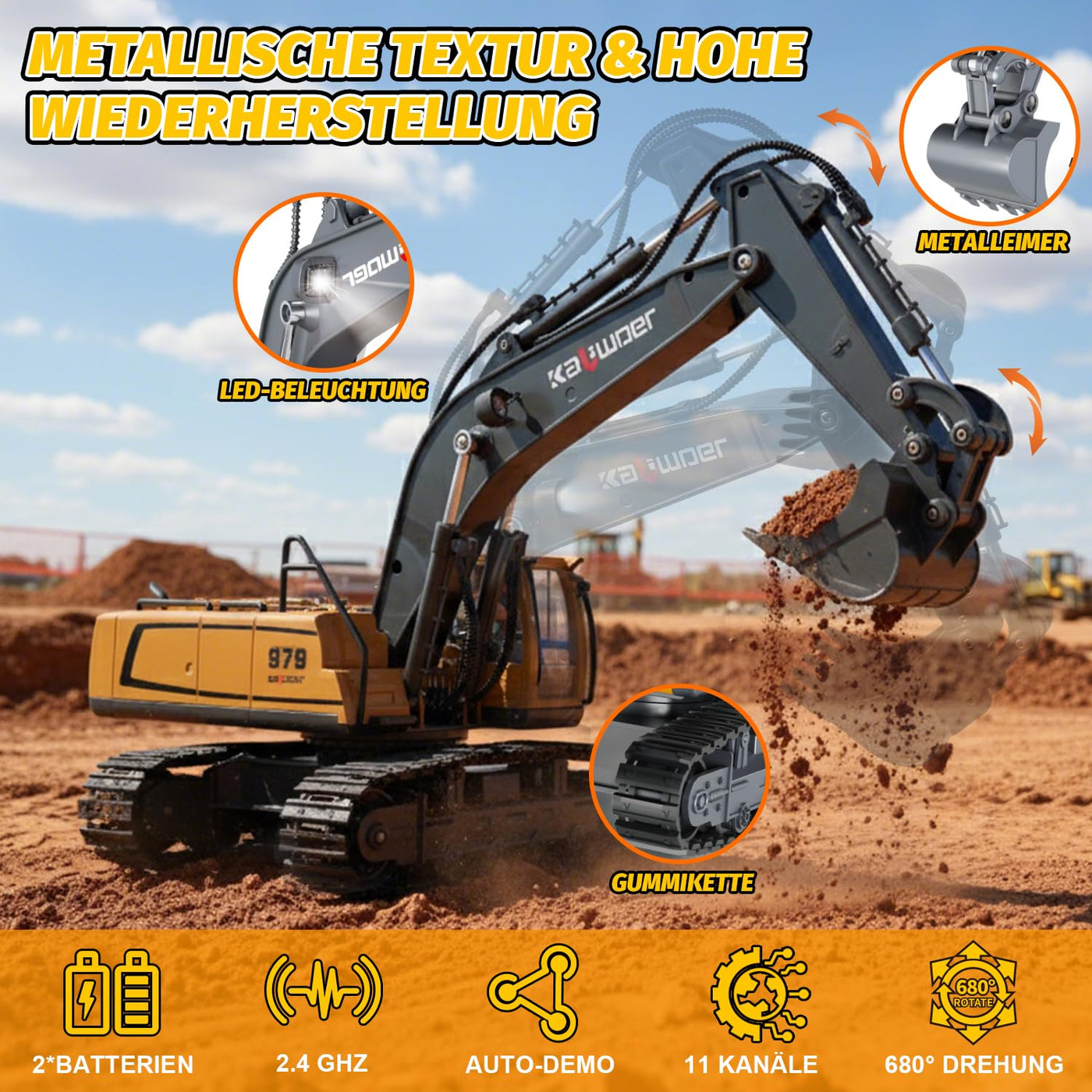 Ferngesteuerter Bagger Ferngesteuert ab 3 4 6 8 Jahre, 1:18 11 Kanäle bagger mit Fernbedienung, Schaufel und LED-Licht, Raupenbagger Spielzeug für 3 4 6 8 Jahre, Geschenk zum Geburtstag für Kinder