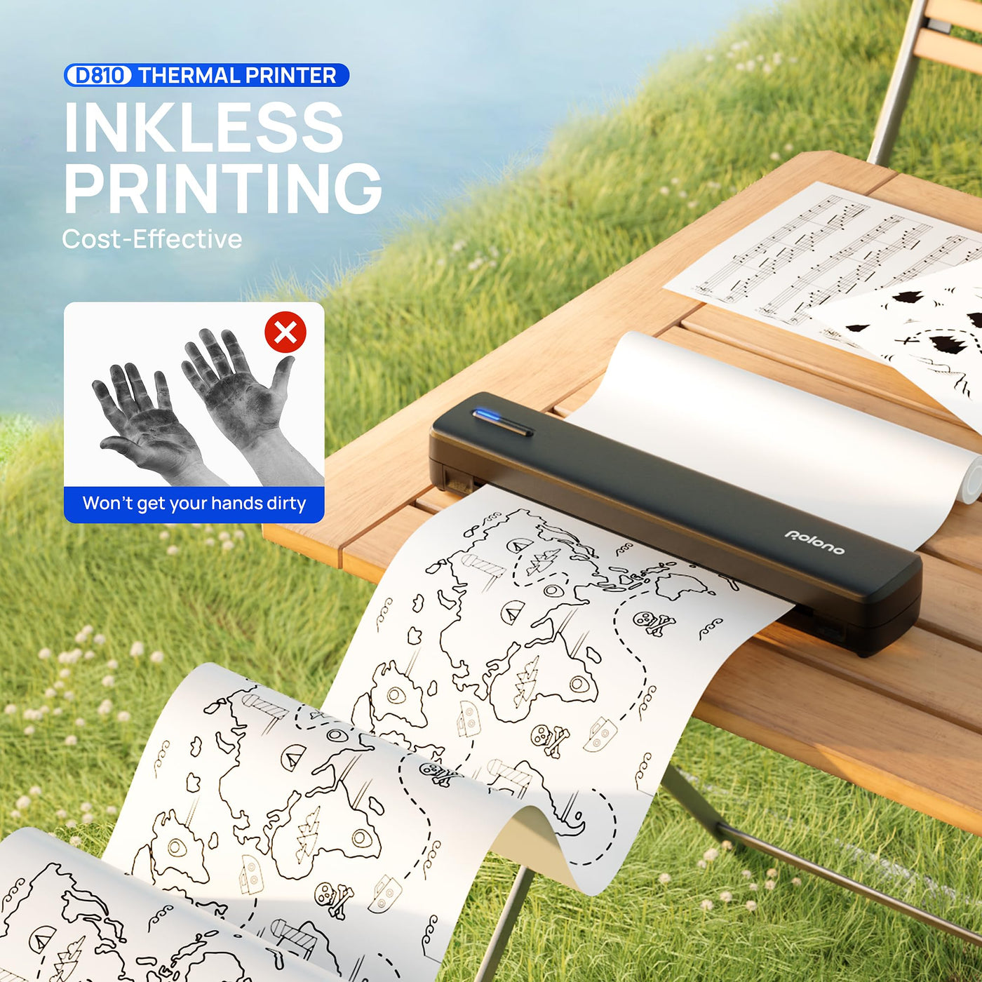 POLONO D810 Thermodrucker A4 Wireless für Reisen, Mobiler Drucker A4 Unterstützung für 8.5"x11" US Brief, Tragbarer drucker Kompatibel mit iOS, Android, Laptop für Büro, Auto, Schwarz