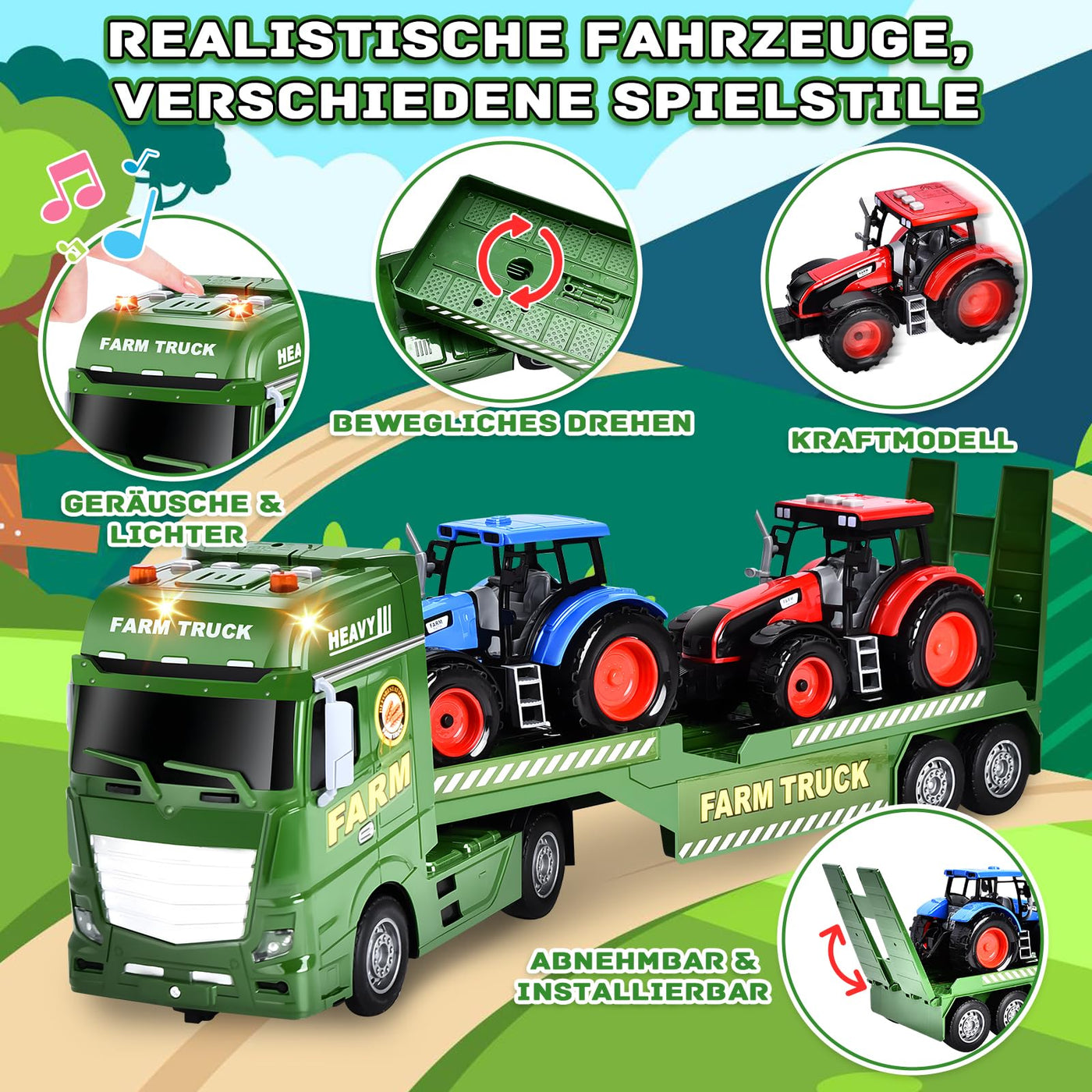 Herefun Bauernhof Lastwagen Spielzeug, Großer Bauernhof Traktor, Anhänger Spielzeug mit Traktor, Groß Transporter LKW, Geschenk für Kinder 3, 4, 5, 6+ Jahren