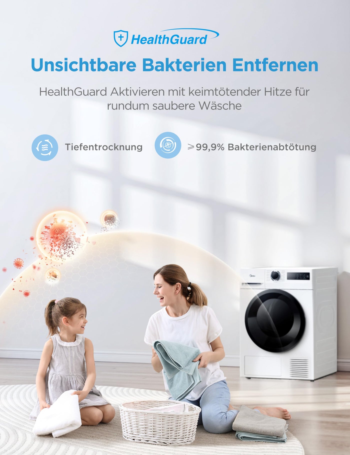 Midea MD11EH70BD Wärmepumpentrockner, 7 kg, Energieklasse D, Schnelltrocknen 35', HealthGuard, Sensor-Trocknung, Auffrischen,Knitterschutz, Auffrischen Wolle, Weiß