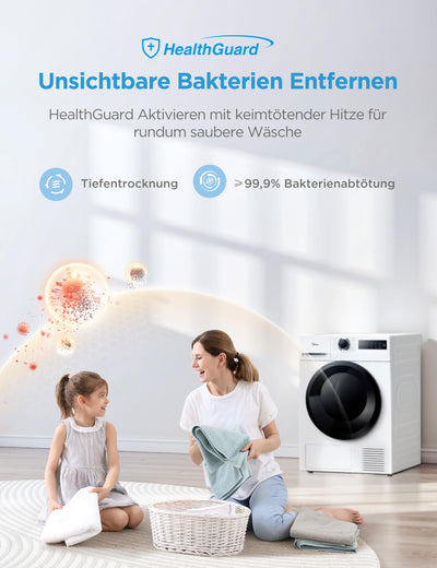 Midea MD11EH70BD Wärmepumpentrockner, 7 kg, Energieklasse D, Schnelltrocknen 35', HealthGuard, Sensor-Trocknung, Auffrischen,Knitterschutz, Auffrischen Wolle, Weiß