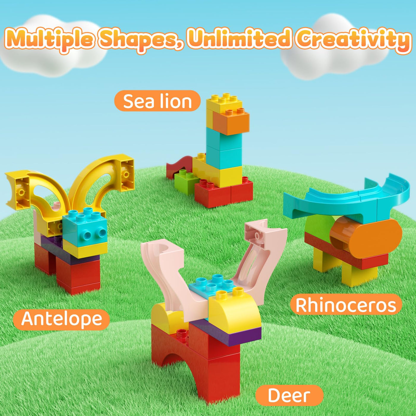 Murmelbahn Bausteine Kinder STEM Spielzeug, 3-in-1 Kugelbahn Bauset für Kinder 88 Pcs Groß Blöcke Ball Race Lernspielzeug Geburtstag Spielzeug für Jungen Mädchen 3+ Jahre