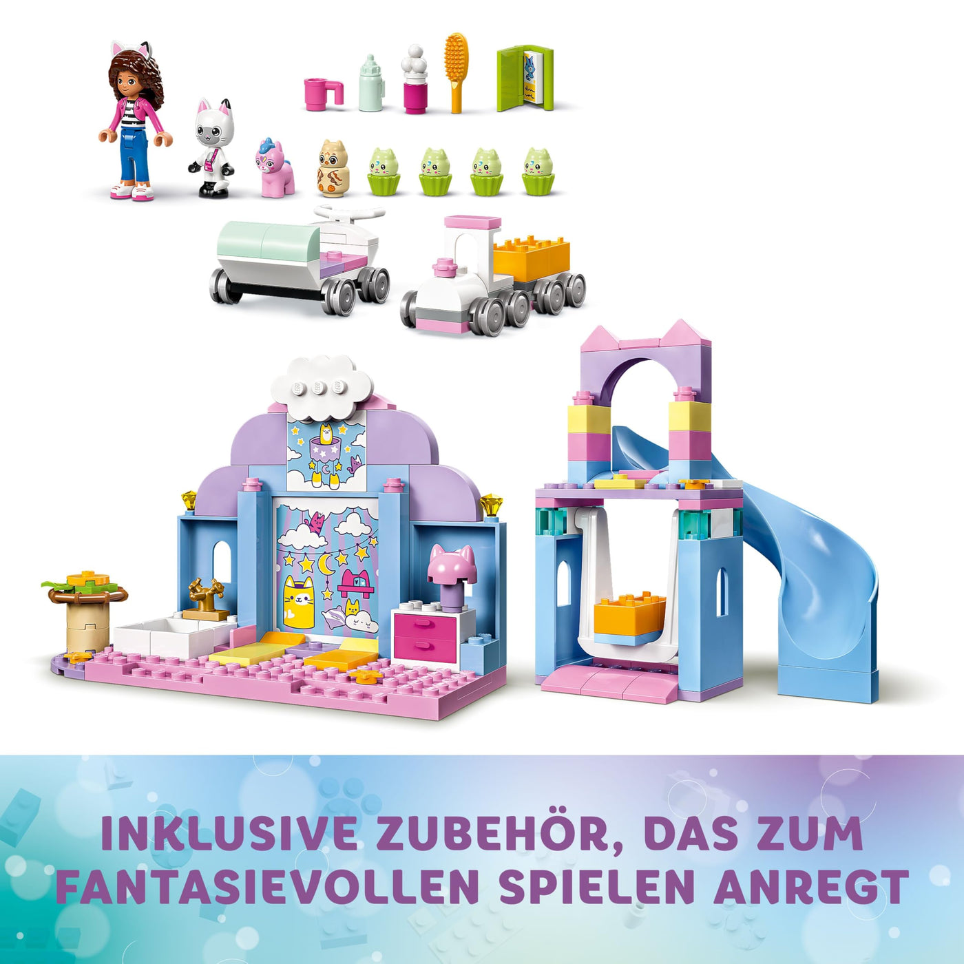 LEGO Gabby's Puppenhaus – Gabbys Katzenpflege Spielset – Kreatives Tier Spielzeug - Bauset mit Auto, Zug, Rutsche, Minifiguren & Zubehör – Kinder Geschenk für Mädchen ab 4 Jahren – 10796
