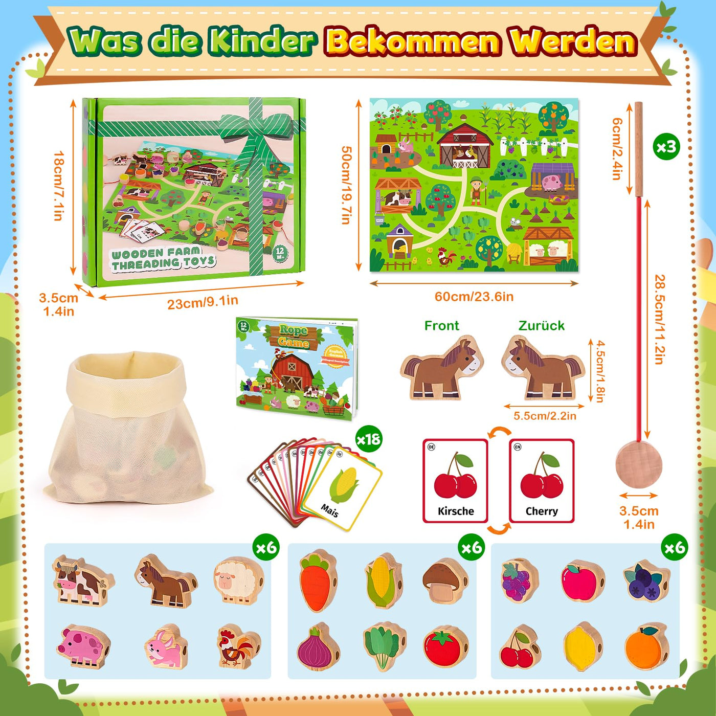 Montessori Spielzeug ab 2 1 3 Jahre: Geschenk Mädchen 1-3 Jahre Junge Fädelspiel Bauernhof Motorikspielzeug für Kinderspielzeug ab 2-3 Jahr Mädchen Holzspielzeug Lernkarten für Kleinkinder ab 2 Jahren
