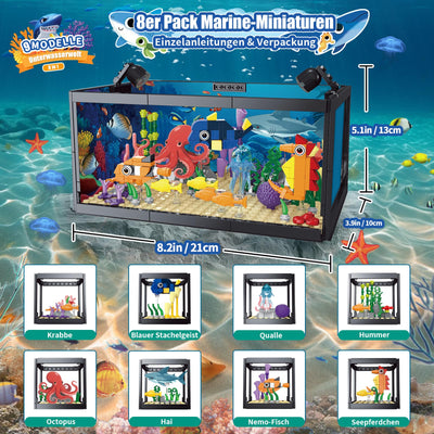 8-in-1 Aquarium Fish Tank Baustein mit LED Licht, einschließlich Meeresquallen, Fischen, Tierbauspielzeug, Geburtstag Weihnachten Geschenk für Erwachsene Kinder Jungen Mädchen ab 6 8 10 12+ Jahren