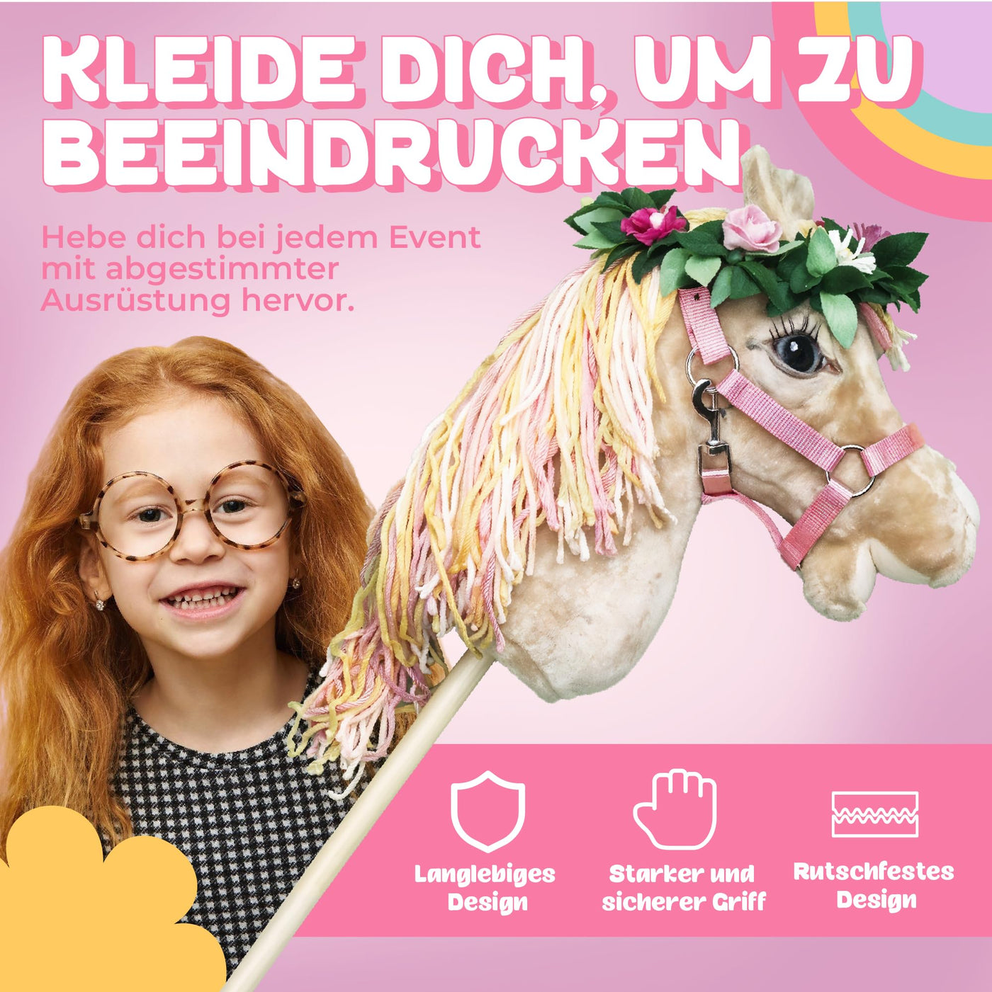 Panduro Hobby Horse Halfter Set, Wolldecke - Nylon Halfter für Pferde mit Metallschnallen - Leine für Hobby Horse Zubehör, Rosa