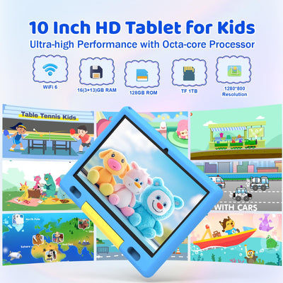 Ainmel Kinder Tablet 10 Zoll Octa-Core Android 14 Tablet für Kinder, 16GB+128GB (1TB TF), Kindersicherung, WiFi 6/Bluetooth 5.3, Widevine L1 mit Kindersicheres Gehäuse -Blau