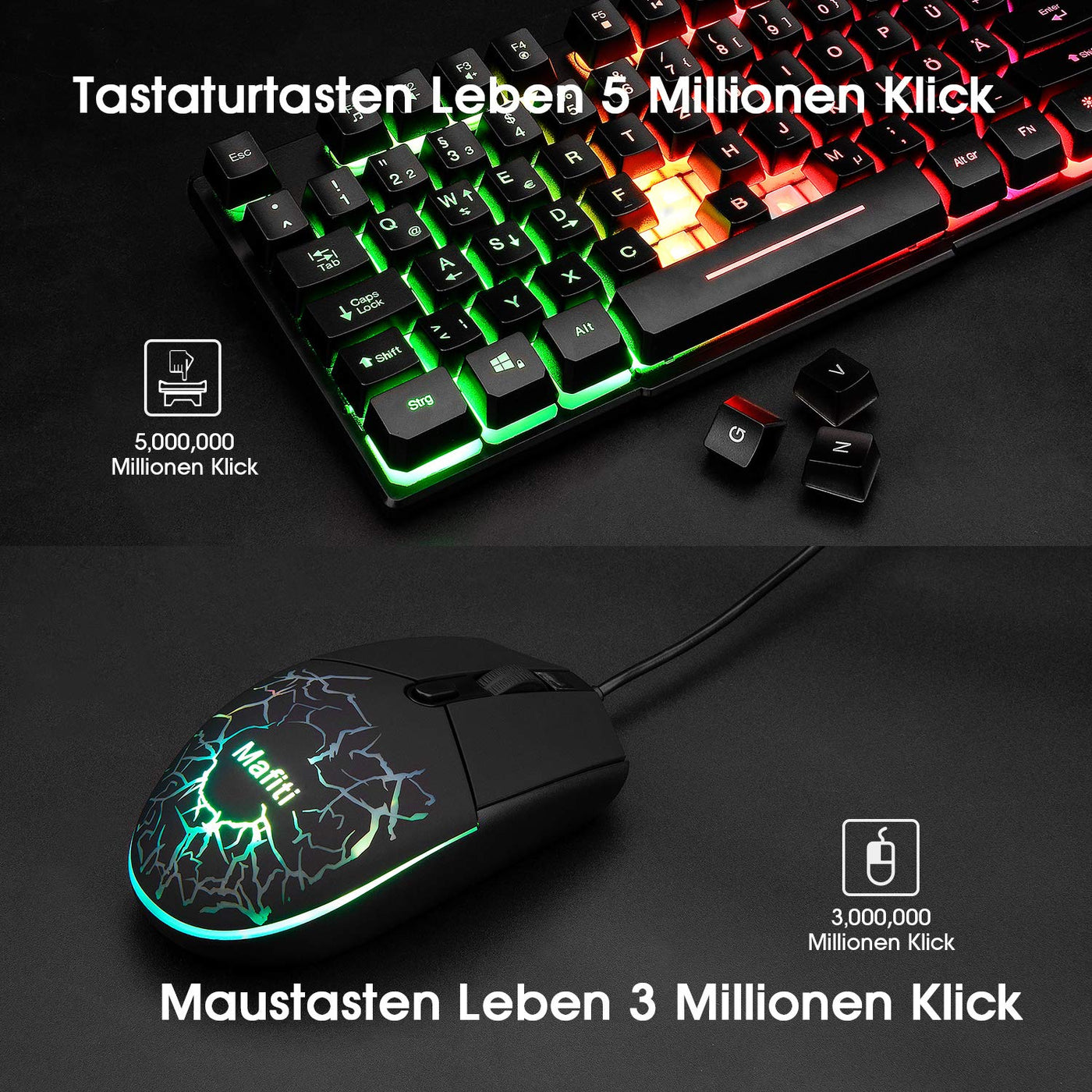 mafiti Tastatur und Maus Set, Kabelgebundenes, LED Hintergrundbeleuchtung QWERTZ (DE-Layout), Regenbogen Farben Beleuchtetung für Gaming und Büro