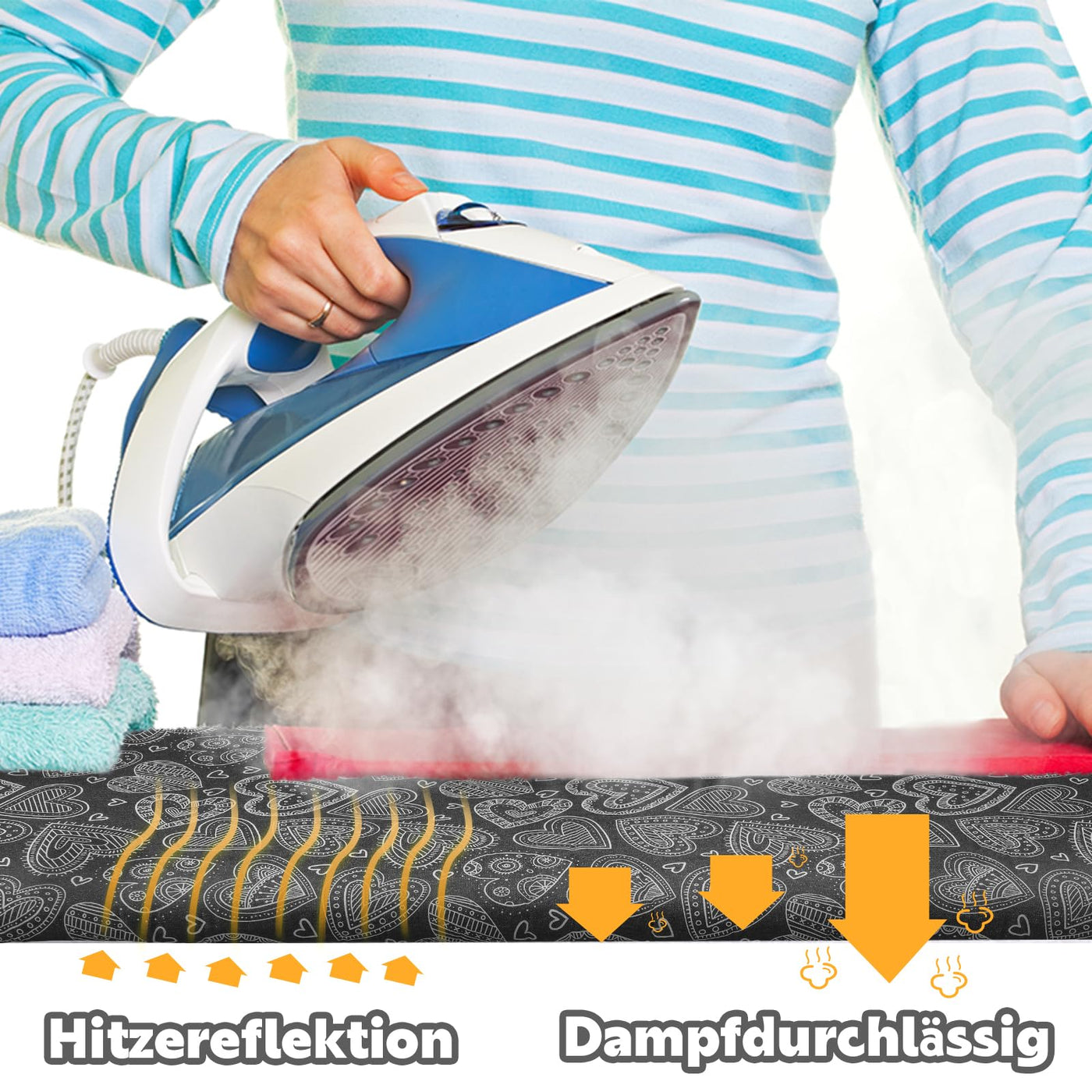 Neu Premium-Bügeltischbezug für Schnelles und Einfaches Bügeln, für Dampfbügeleisen, Schwarzes Herz, 38-45cm x 120-125cm (Größe XL)
