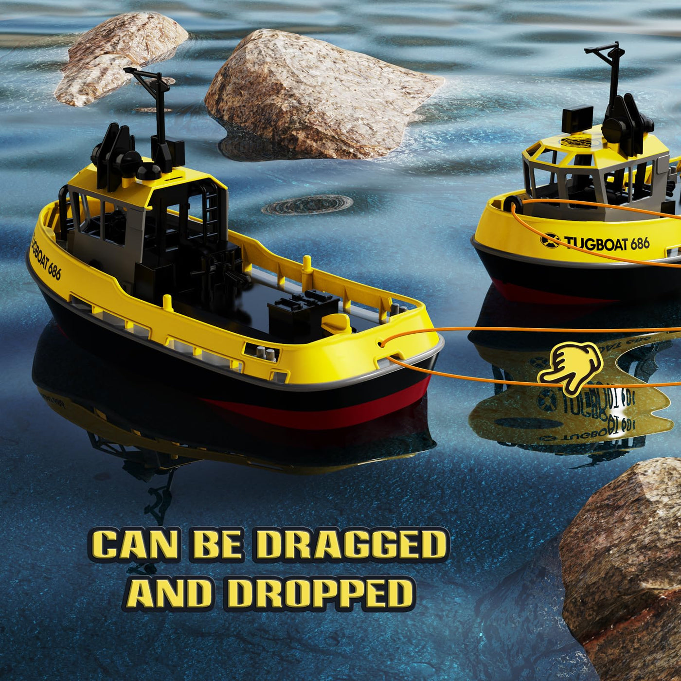 tech rc 1:72 Ferngesteuertes Boot mit 2 Akku(3.7V 600mAh), 2.4Ghz Rc Boot 10km/h 40Mins Laufzeit, Tugboat mit dekorativen Teilen für Kinder für Schwimmbäder und Seen (Gelb)