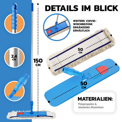 VIOVIE Premium WISCHER Set 50CM | Baumwoll-Wischmopp | 140 cm Alustiel | Magnethalter mit 1 klick System für einfaches Wechseln | Ergonomisch, rückenschonend & langlebig | Für alle Böden geeignet