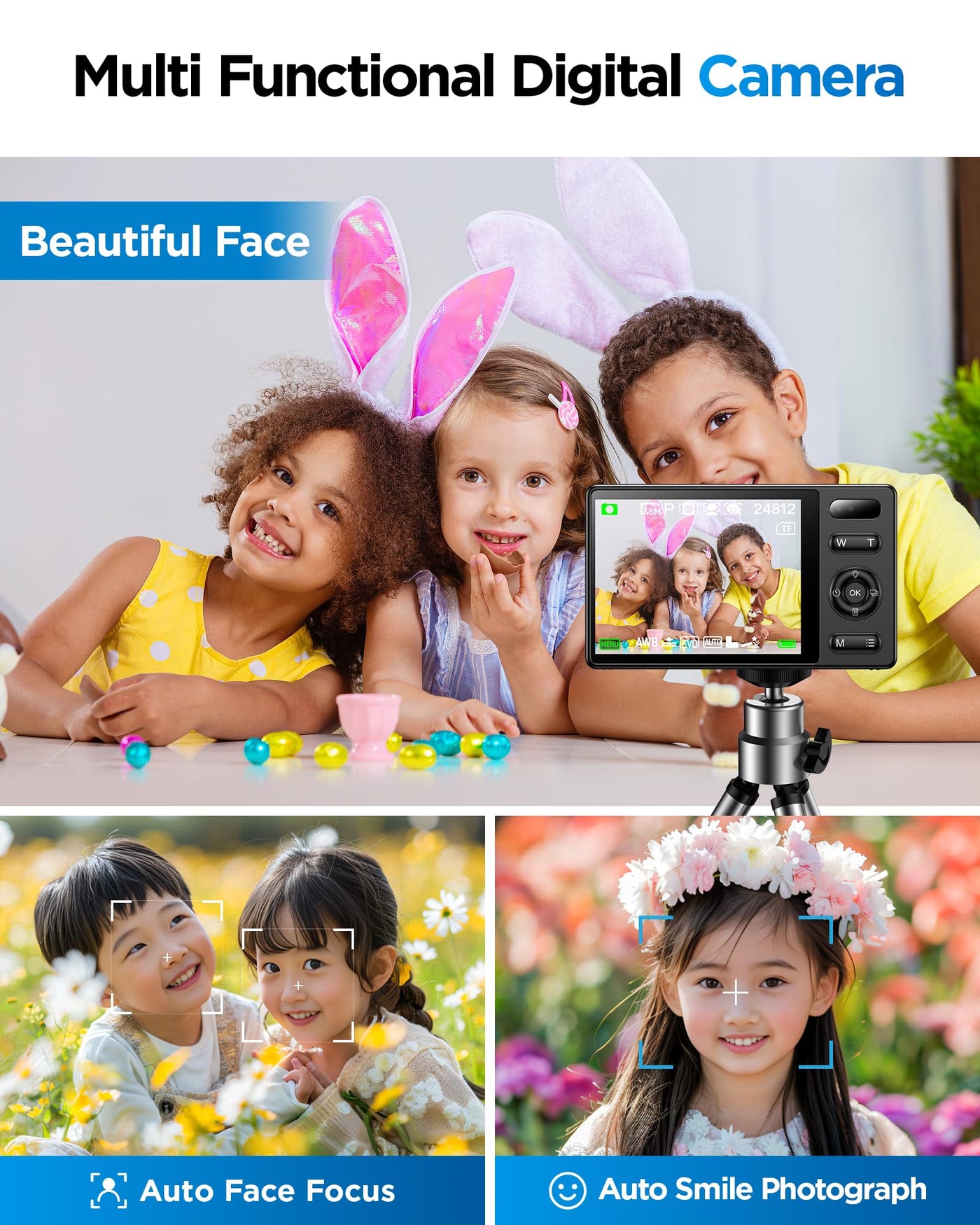 64GB Digitalkamera Kinder Fotokamera: 48MP Anti-Shake Kinderkamera Foto, Vlogging Fotoapparat für YouTube 16X Digital Zoom Appareil Foto Serienaufnahme Selfie Kompaktkamera für Fotografie