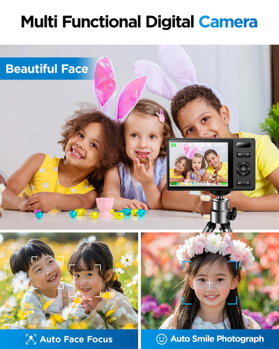 64GB Digitalkamera Kinder Fotokamera: 48MP Anti-Shake Kinderkamera Foto, Vlogging Fotoapparat für YouTube 16X Digital Zoom Appareil Foto Serienaufnahme Selfie Kompaktkamera für Fotografie