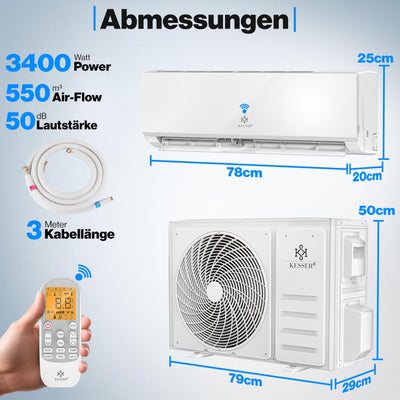 KESSER® Klimaanlage Set Split - mit WiFi/App Funktion Klimagerät - Kühlen A++/ Heizen A+ -12000 BTU/h (3.400 Watt) Kältemittel R32 - Fernbedienung, Timerfunktion - Inkl. komplettem Montagematerial